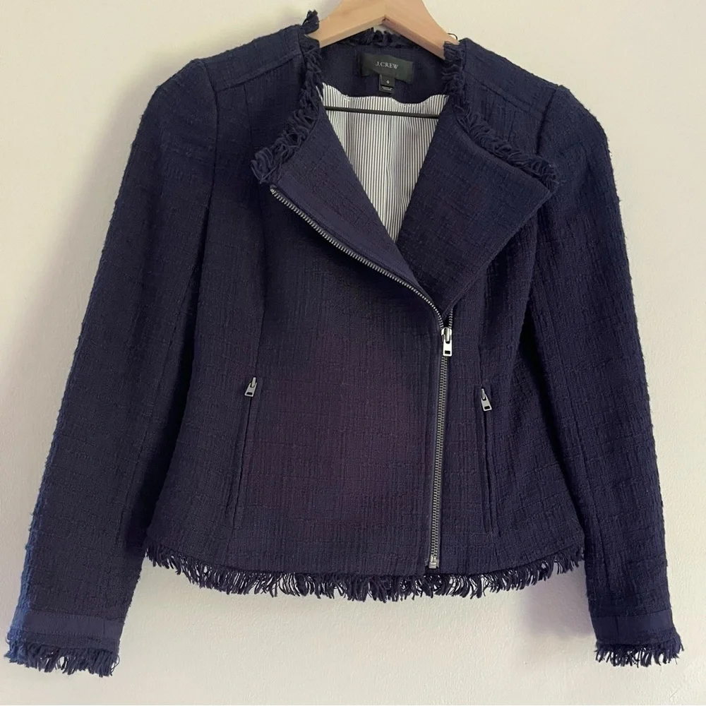 J. Crew Women’s Tweed Motorcycle Jacket with Fringe Navy‎ Blue Size 0